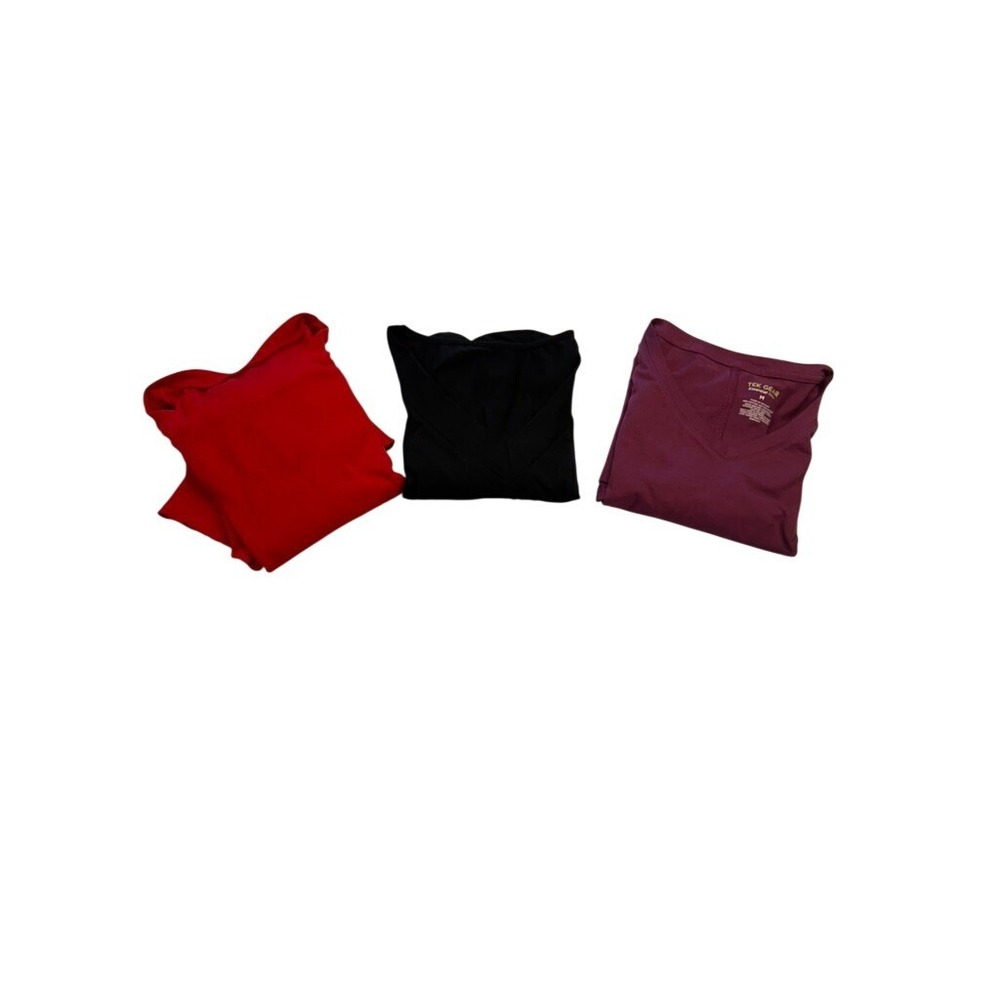 Tek Gear Womens T-Shirt Bundle Red Ribbed Lettuce Edge Plum V-Neck Black Size M
